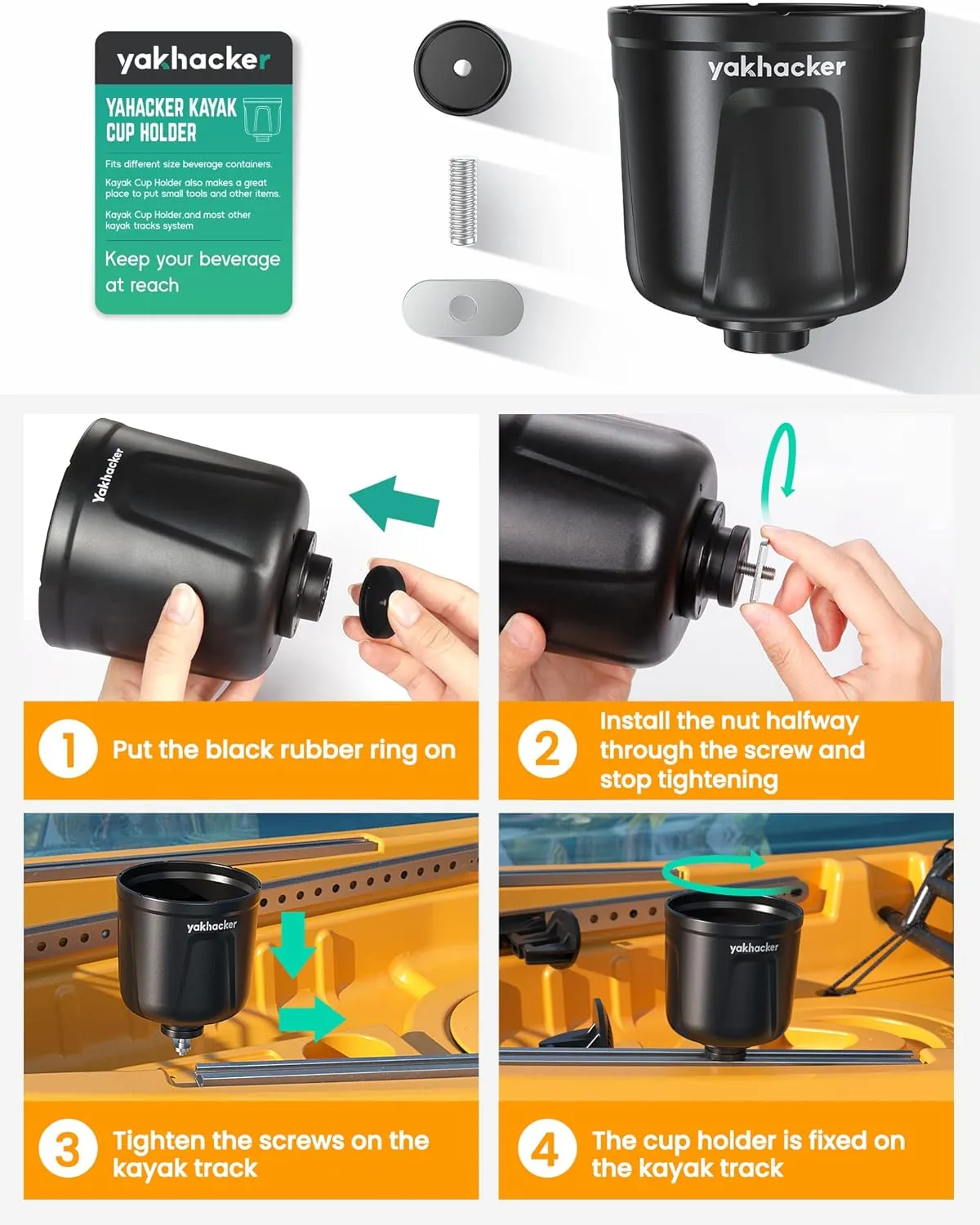 Multi-Functional Cup Holder, Bottle Holder, Phone Holder, Drink Holder, Fishing Tool, Large Capacity, Kayak Track Mount Install, Kayak Track Accessories