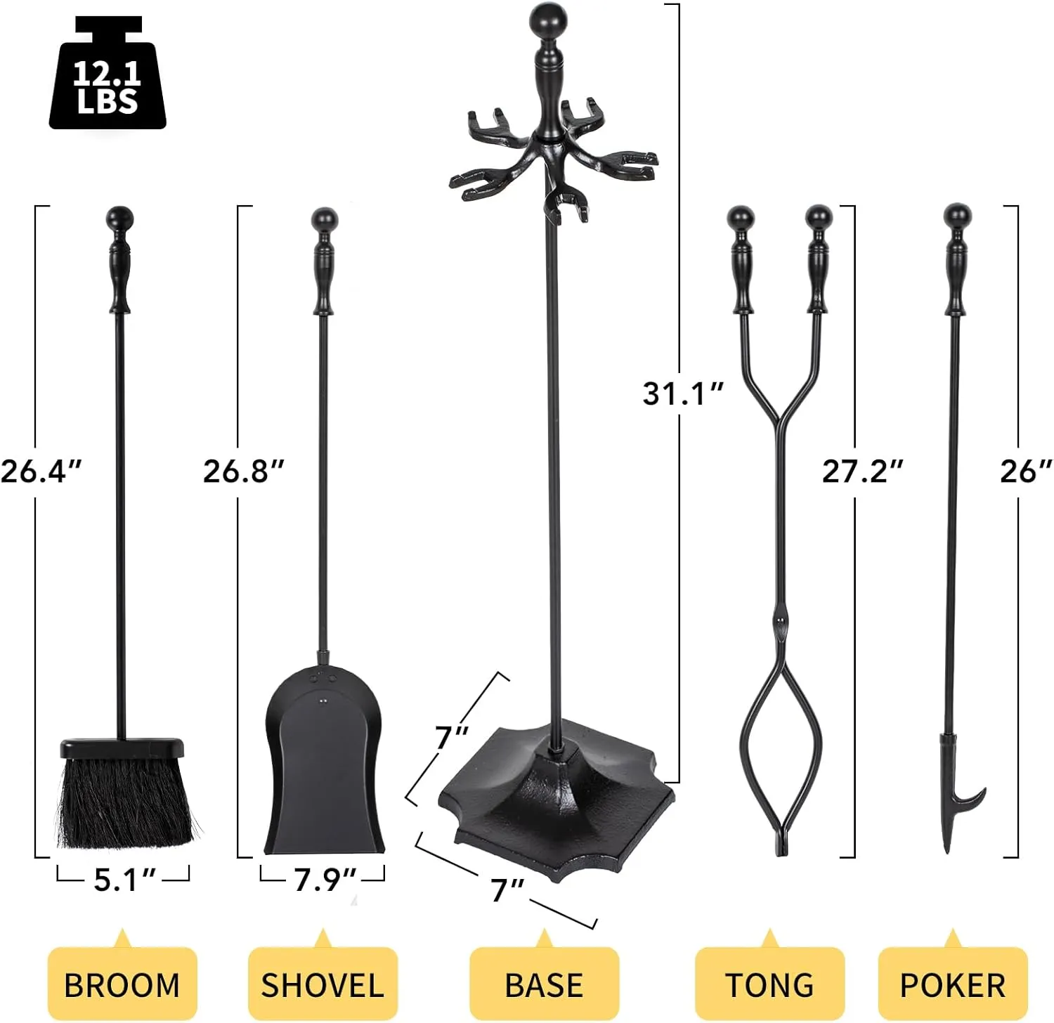 nalone 5 Pieces Fireplace Tools Set, Heavy Duty Wrought Iron Fireplace Accessories Set with Poker, Tong, Shovel, Brush, Fire Place Tools Indoor Outdoor (Black)