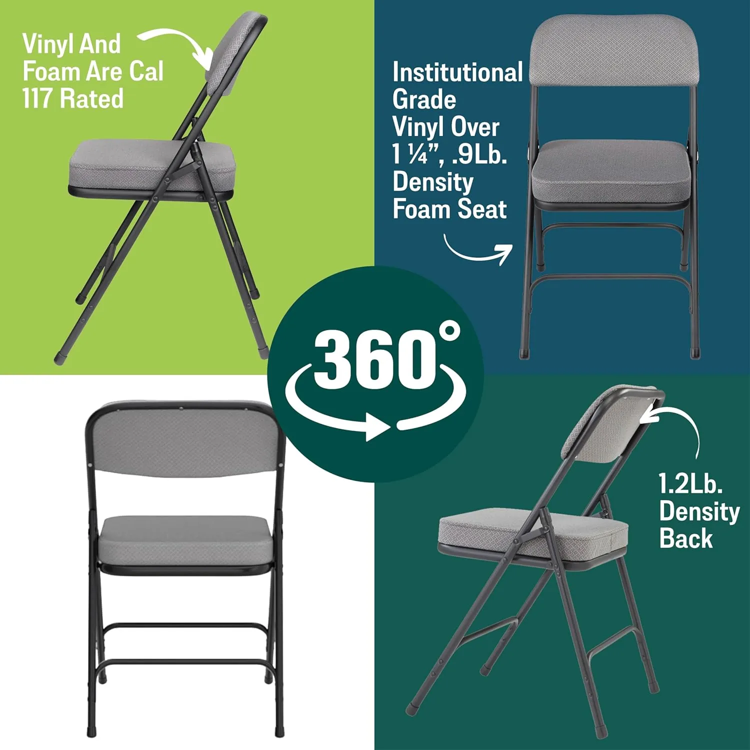 National Public Seating 3200 Series Steel Frame Upholstered Premium Fabric Seat and Back Folding Chair with Double Brace, 300 lbs Capacity, Charcoal Gray/Black (Carton of 2)