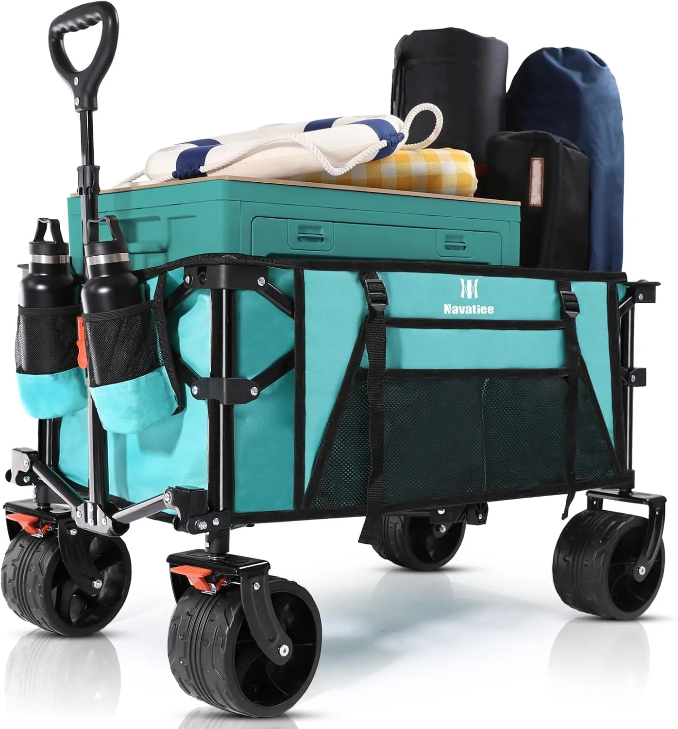 Navatiee Big Wheels Collapsible Wagon Cart Foldable, Heavy Duty Beach Wagon with Silent All-Terrain Wheels, Folding Utility Grocery Cart with Side Pocket and Brakes for Camping Garden Sports, Blue