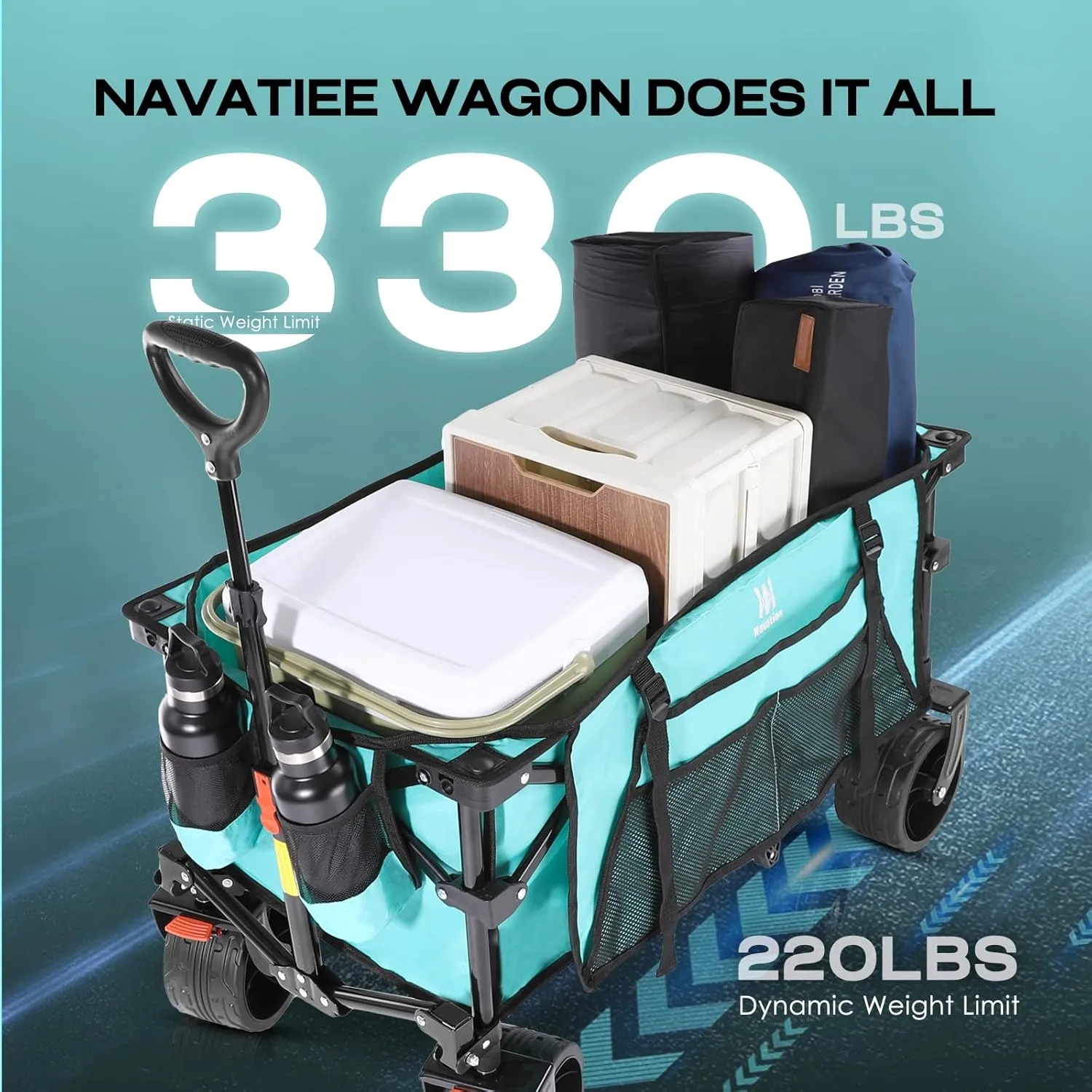 Navatiee Big Wheels Collapsible Wagon Cart Foldable, Heavy Duty Beach Wagon with Silent All-Terrain Wheels, Folding Utility Grocery Cart with Side Pocket and Brakes for Camping Garden Sports, Blue