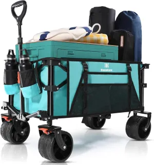 Navatiee Big Wheels Collapsible Wagon Cart Foldable, Heavy Duty Beach Wagon with Silent All-Terrain Wheels, Folding Utility Grocery Cart with Side Pocket and Brakes for Camping Garden Sports, Blue
