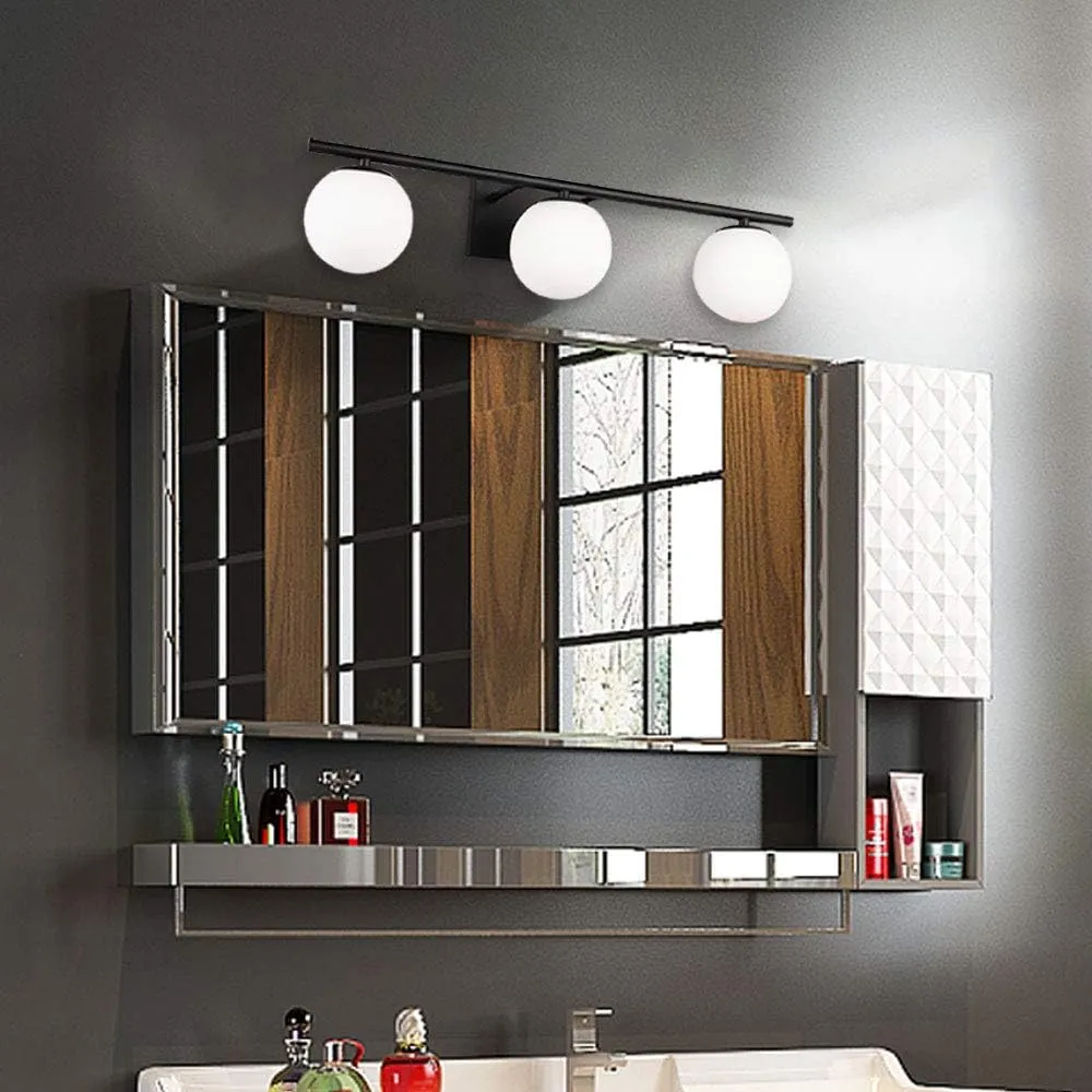 New Bathroom Vanity Light Fixtures 3 Lights Brushed Black Milk White Globe Glass Shade Modern Wall Bar Sconce Over Mirror (Exclude G9 Bulb)