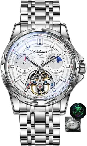 New Luxury Automatic Mechanical Watch for Men Hollow Tourbillon Waterproof Luminous Black Stainless Steel Mens Watches Gifts Box