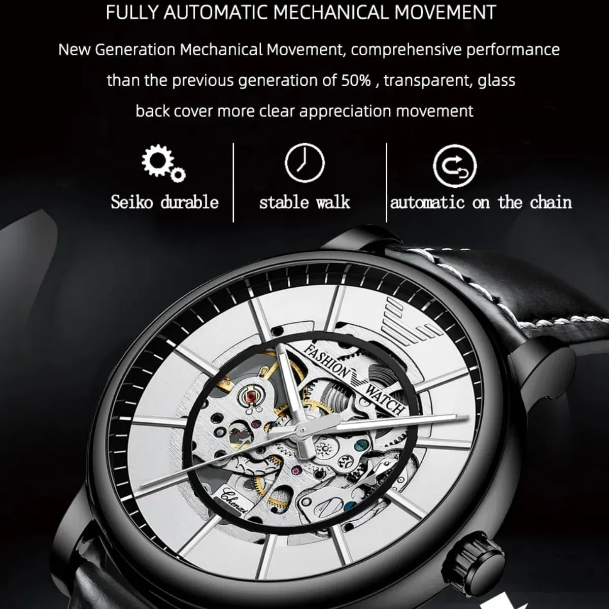 New Men's Automatic Movement Watches Hollow Mechanical Luxury Leather Luminous Waterproof Men Casual Business Wristwatch Chronograph