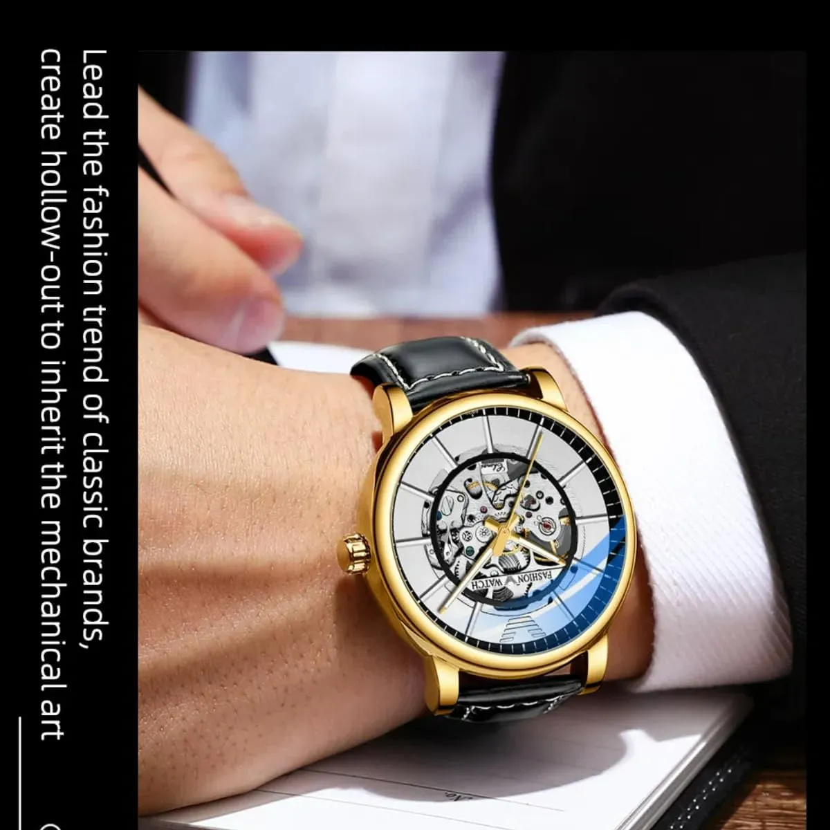New Men's Automatic Movement Watches Hollow Mechanical Luxury Leather Luminous Waterproof Men Casual Business Wristwatch Chronograph