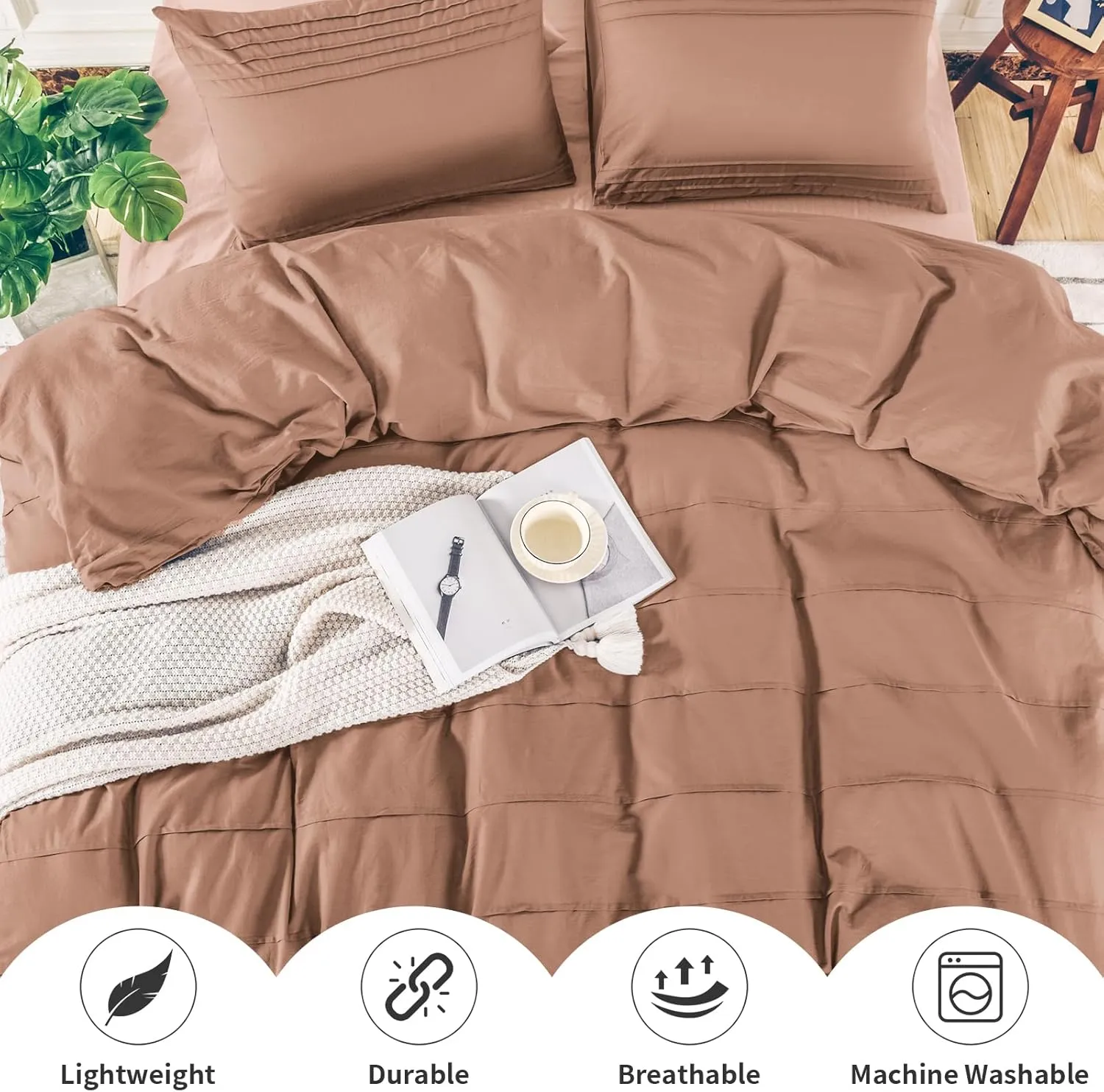 NEXHOME PRO 100% Organic Cotton Duvet Cover Set Full Size Pleated Design,Terracotta Rust Brown, 3pc Bedding Set with Zipper Closure, Soft, Lightweight and Breathable (80"x90", No Comforter)