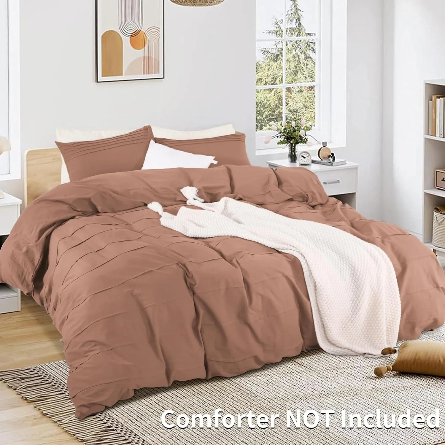 NEXHOME PRO 100% Organic Cotton Duvet Cover Set Full Size Pleated Design,Terracotta Rust Brown, 3pc Bedding Set with Zipper Closure, Soft, Lightweight and Breathable (80"x90", No Comforter)