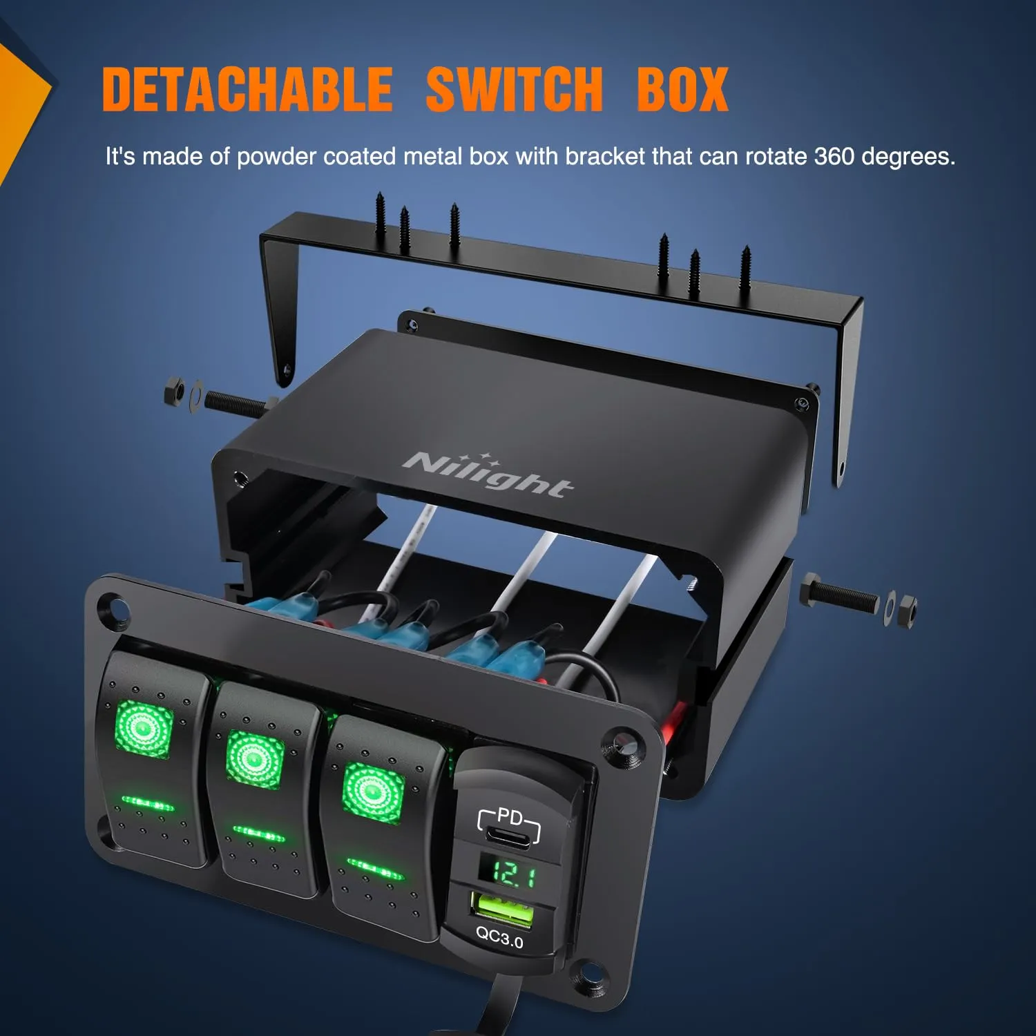 Nilight 3 Gang Rocker Switch Box 12V SPST ON Off Toggle Switches PD Type C and QC USB Charger Voltmeter LED Light Waterproof Aluminum Mount Bracket Panel DIY Stickers for Boat Car RV Truck