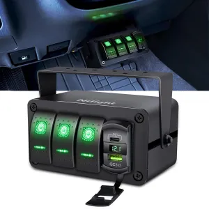 Nilight 3 Gang Rocker Switch Box 12V SPST ON Off Toggle Switches PD Type C and QC USB Charger Voltmeter LED Light Waterproof Aluminum Mount Bracket Panel DIY Stickers for Boat Car RV Truck