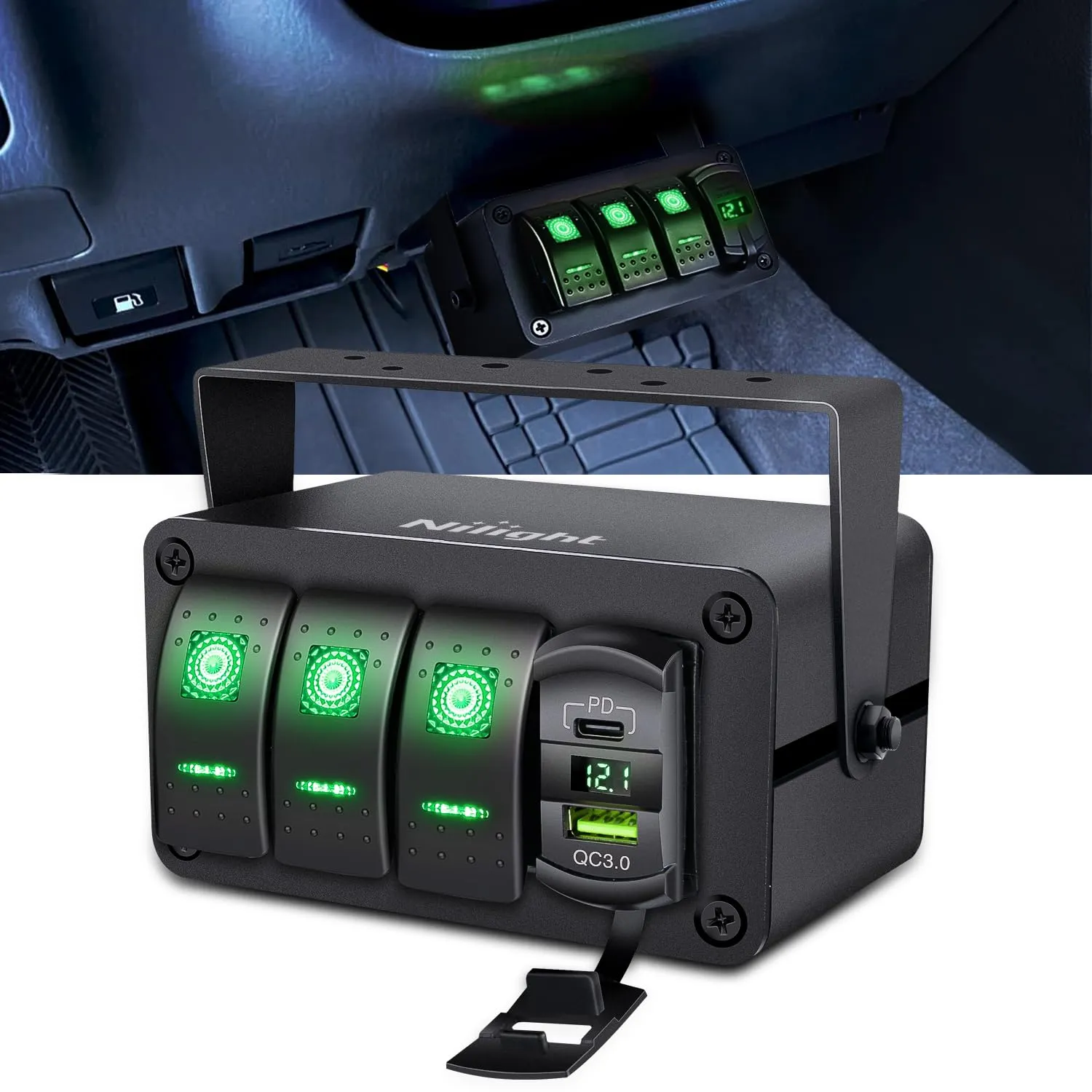 Nilight 3 Gang Rocker Switch Box 12V SPST ON Off Toggle Switches PD Type C and QC USB Charger Voltmeter LED Light Waterproof Aluminum Mount Bracket Panel DIY Stickers for Boat Car RV Truck