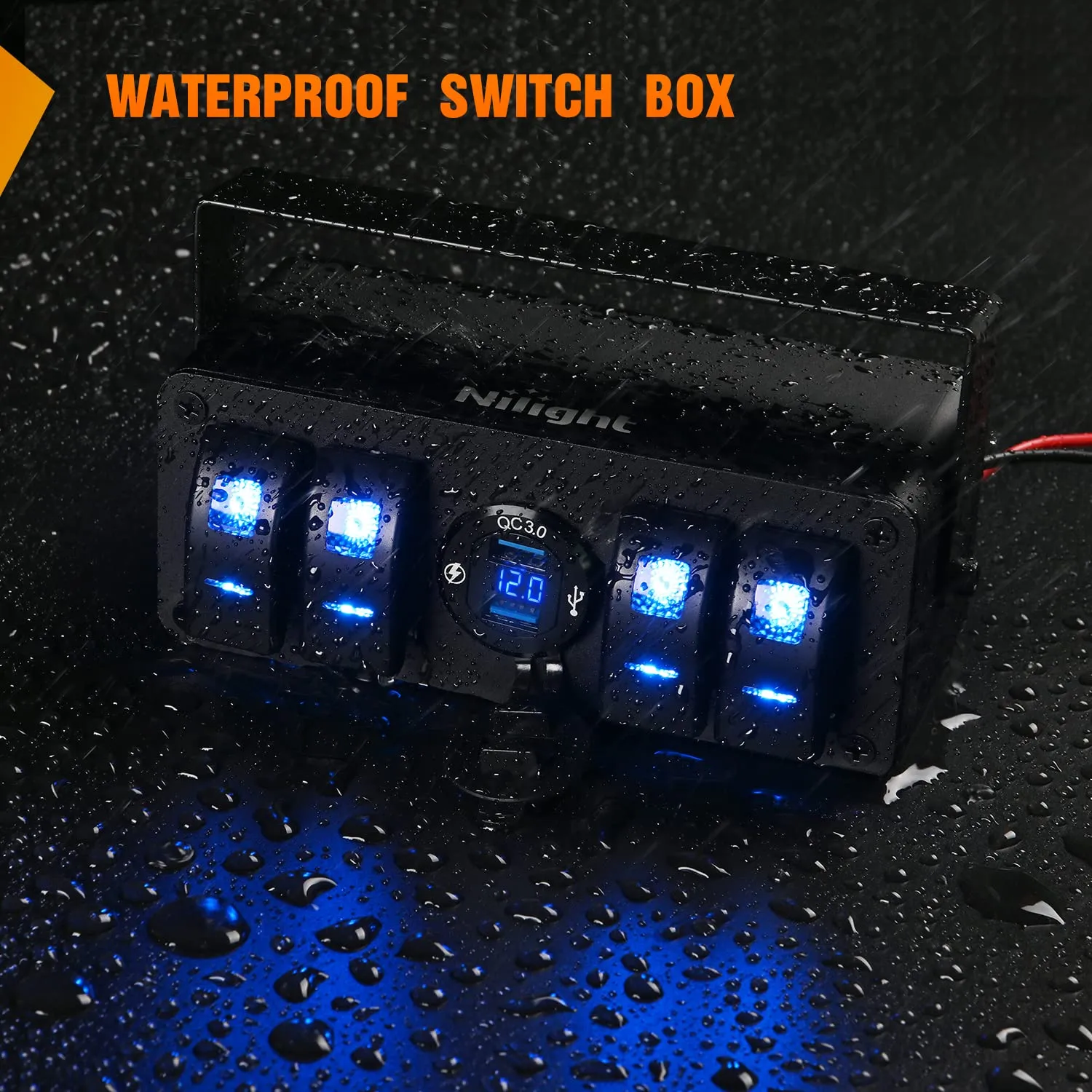 Nilight 4 Gang Rocker Switch Box 12V SPST ON Off Switch QC 3.0 USB Charger Voltmeter Waterproof Aluminum Rocker Switch Panel Night Glow Stickers for Boats Cars RVs Trucks, 2 Years Warranty,Blue