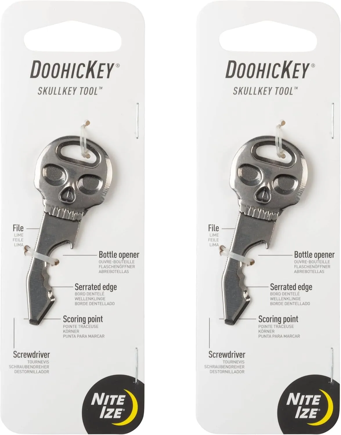 Nite Ize DoohicKey SkullKey Key Tool - Durable Keychain - Multipurpose with Bottle Opener, File, Serrated Edge, Scoring Point & Screwdriver - Travel & Airport-Friendly Multi Tool - 2 Pack