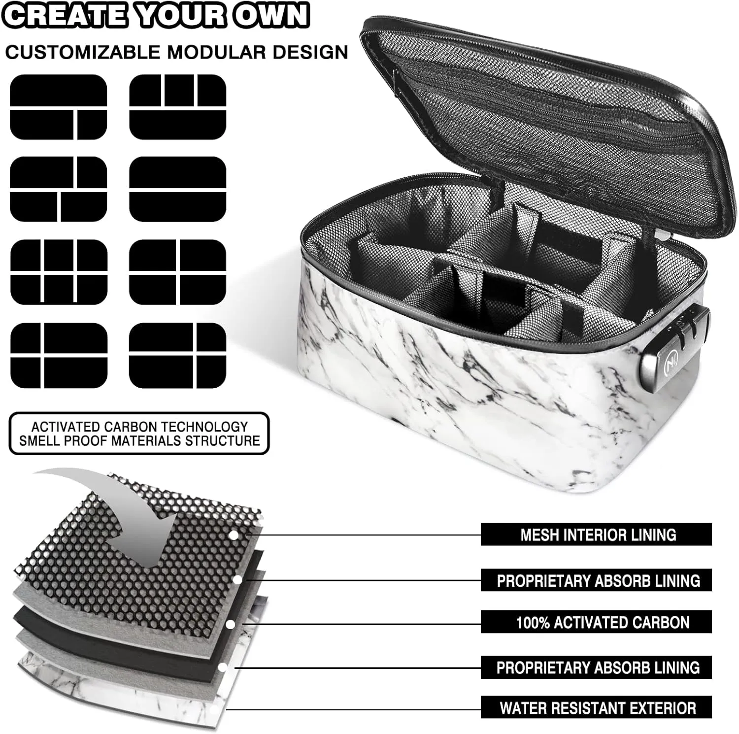 NKTOLEE Smell Proof Bag & Storage Box - Combination Lock, Resealable - Personal Organizer - Marble Case