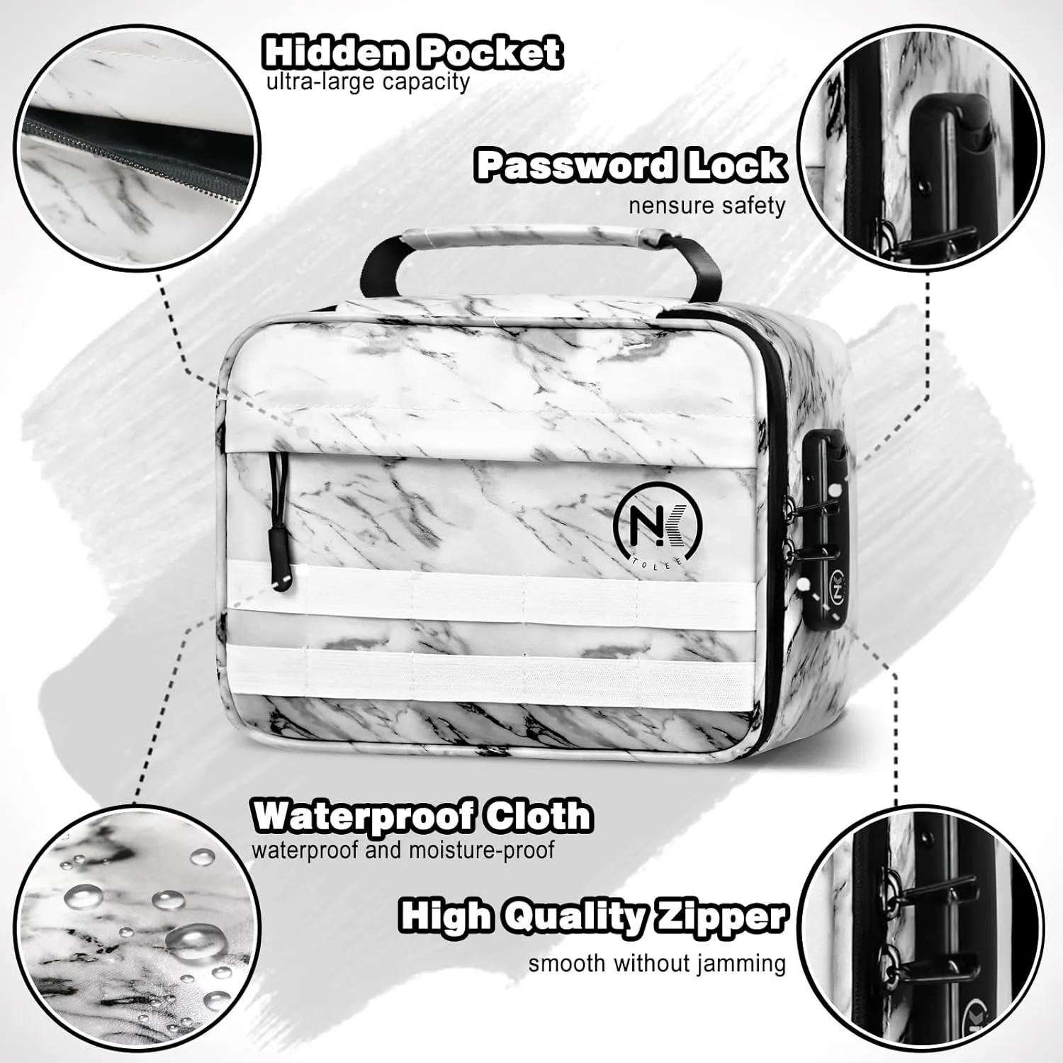 NKTOLEE Smell Proof Bag & Storage Box - Combination Lock, Resealable - Personal Organizer - Marble Case