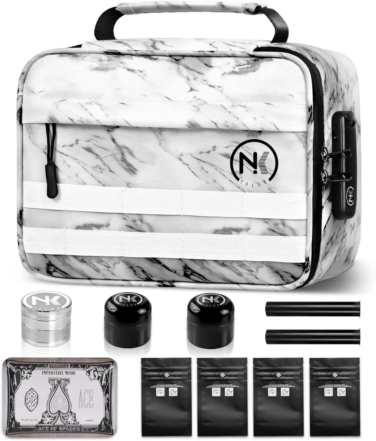 NKTOLEE Smell Proof Bag & Storage Box - Combination Lock, Resealable - Personal Organizer - Marble Case