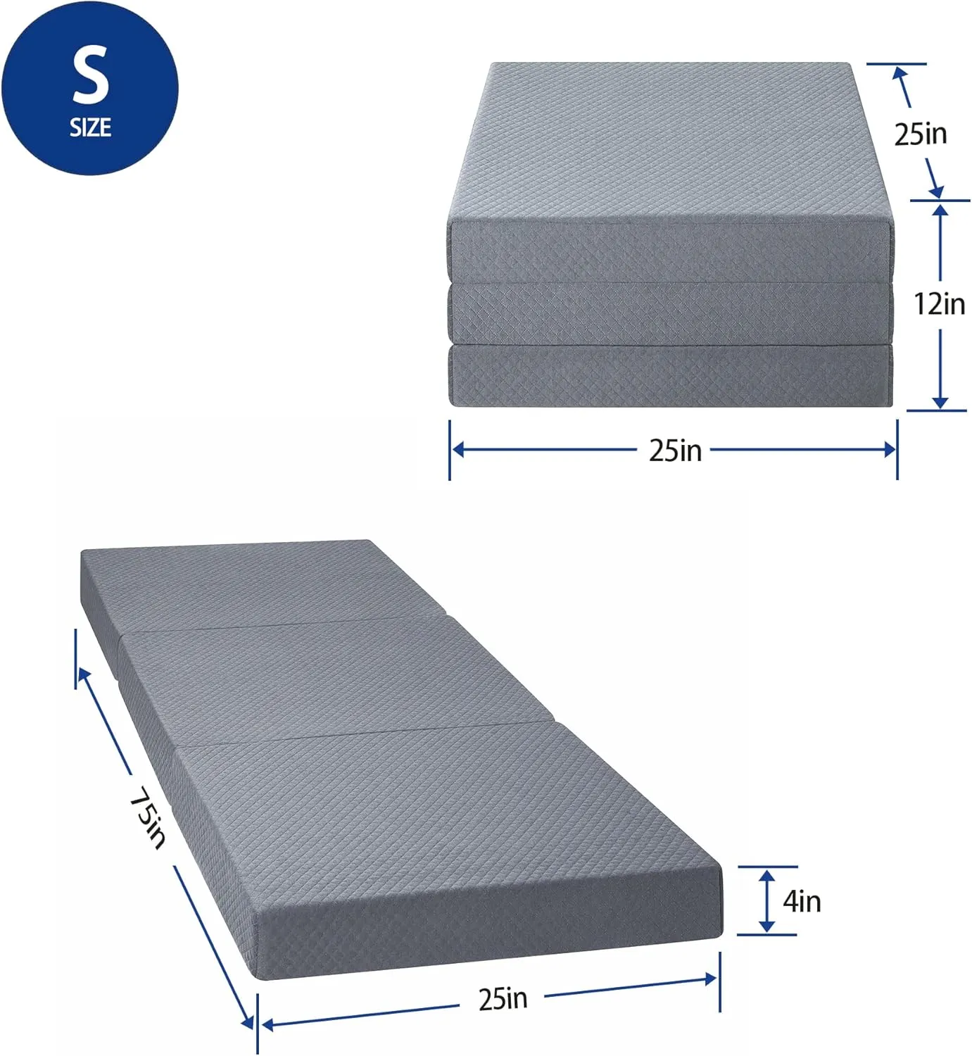 Olee Sleep Tri-Folding Memory Foam Mattress Topper, 4 Inch Gel Folding Mattress for Camping, Foldable Guest Bed, Washable Cover, CertiPUR-US Certified, Soft, Grey, Single Size