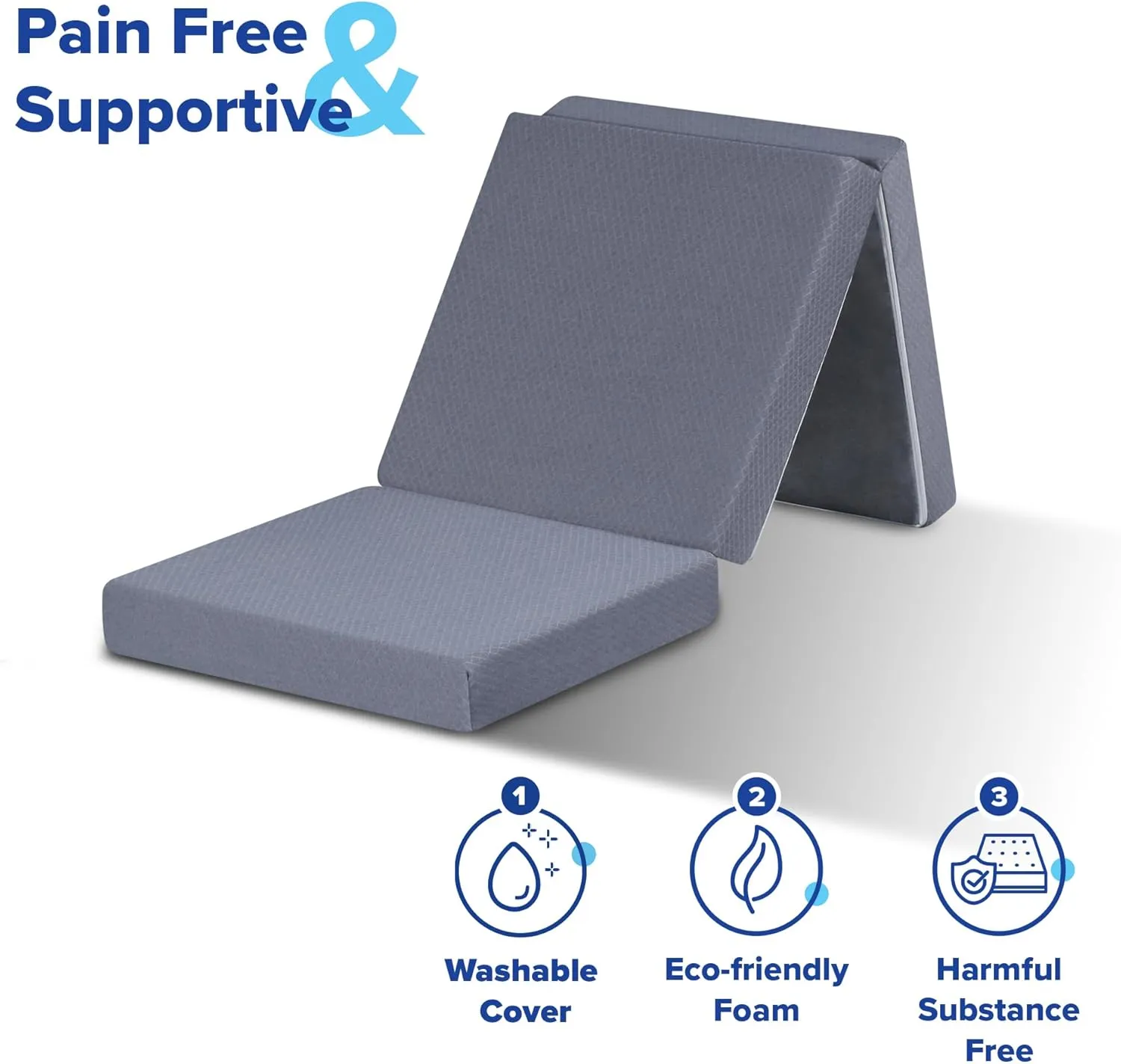 Olee Sleep Tri-Folding Memory Foam Mattress Topper, 4 Inch Gel Folding Mattress for Camping, Foldable Guest Bed, Washable Cover, CertiPUR-US Certified, Soft, Grey, Single Size
