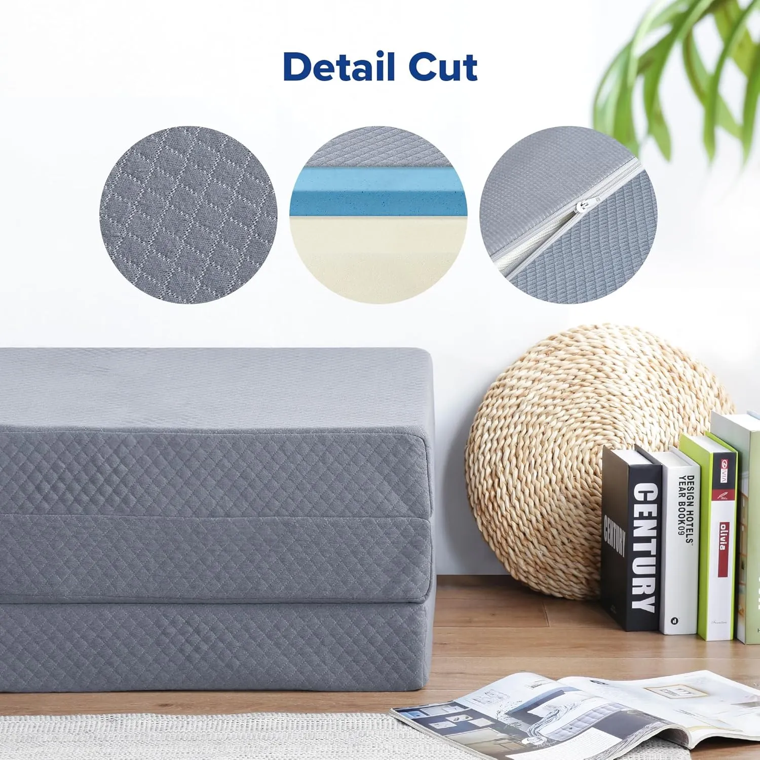 Olee Sleep Tri-Folding Memory Foam Mattress Topper, 4 Inch Gel Folding Mattress for Camping, Foldable Guest Bed, Washable Cover, CertiPUR-US Certified, Soft, Grey, Single Size