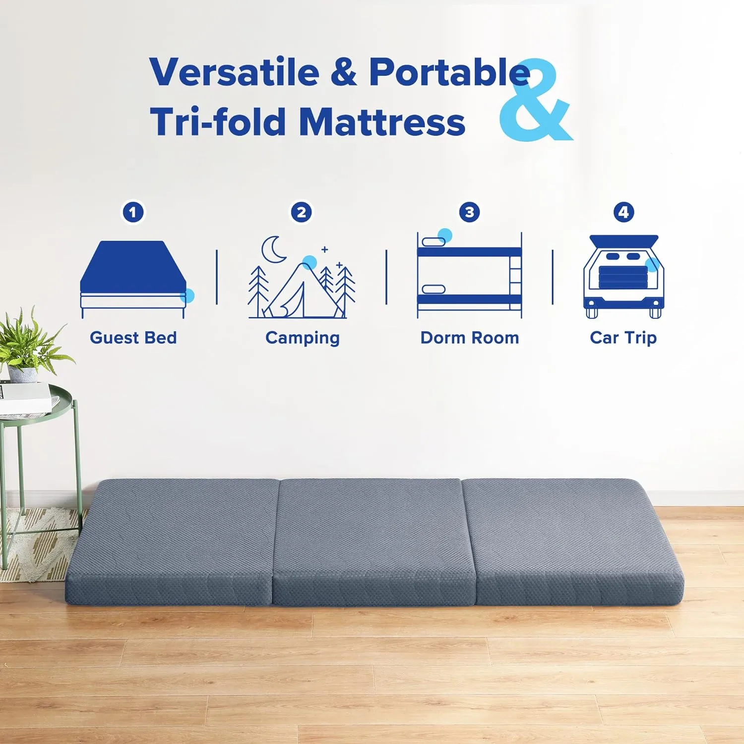 Olee Sleep Tri-Folding Memory Foam Mattress Topper, 4 Inch Gel Folding Mattress for Camping, Foldable Guest Bed, Washable Cover, CertiPUR-US Certified, Soft, Grey, Single Size