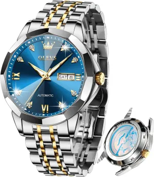 OLEVS Automatic Watches for Men Self-Winding Mechanical 42MM Diamond Big Dial Business Luxury Stainless Steel Luminous Two-Tone Tourbillon Blue Wirst Watch Gift