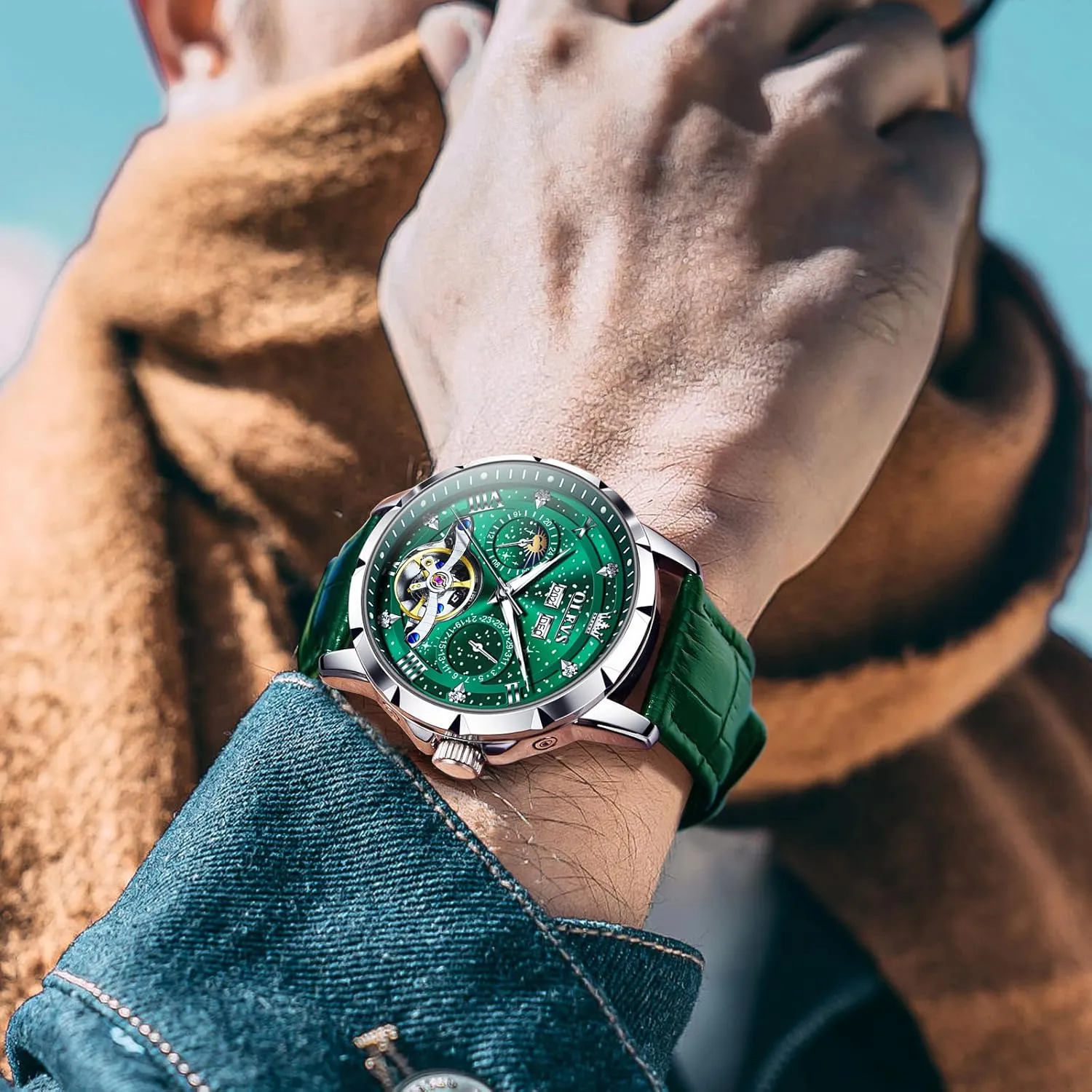 OLEVS Mens Automatic Watches Self-Winding Starry Sky Diamond Skeleton Luxury Wrist Watch Waterproof Luminous