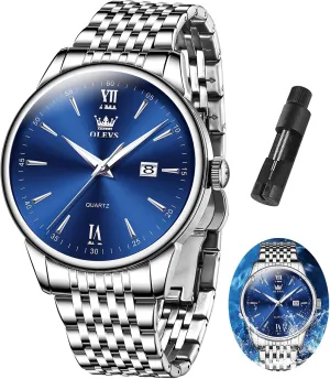 OLEVS Mens Watch Stainless Steel Analog Quartz Watches for Men Day Date Easy Read Diamond Waterproof Dress Luxury Classic Casual Big Face Blue/Black/Gold/Silver Roman Arabic Numerals Men's Wrist Watch
