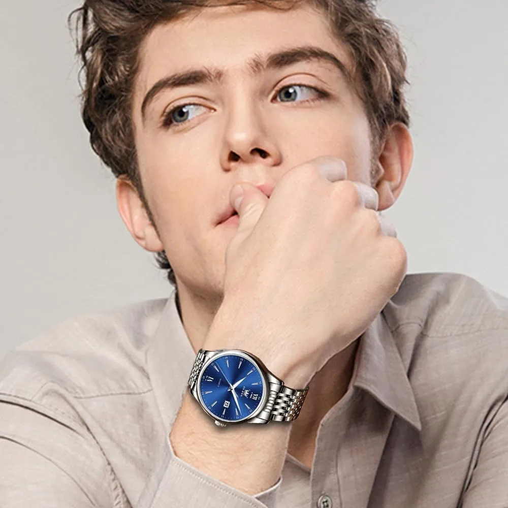 OLEVS Mens Watch Stainless Steel Analog Quartz Watches for Men Day Date Easy Read Diamond Waterproof Dress Luxury Classic Casual Big Face Blue/Black/Gold/Silver Roman Arabic Numerals Men's Wrist Watch