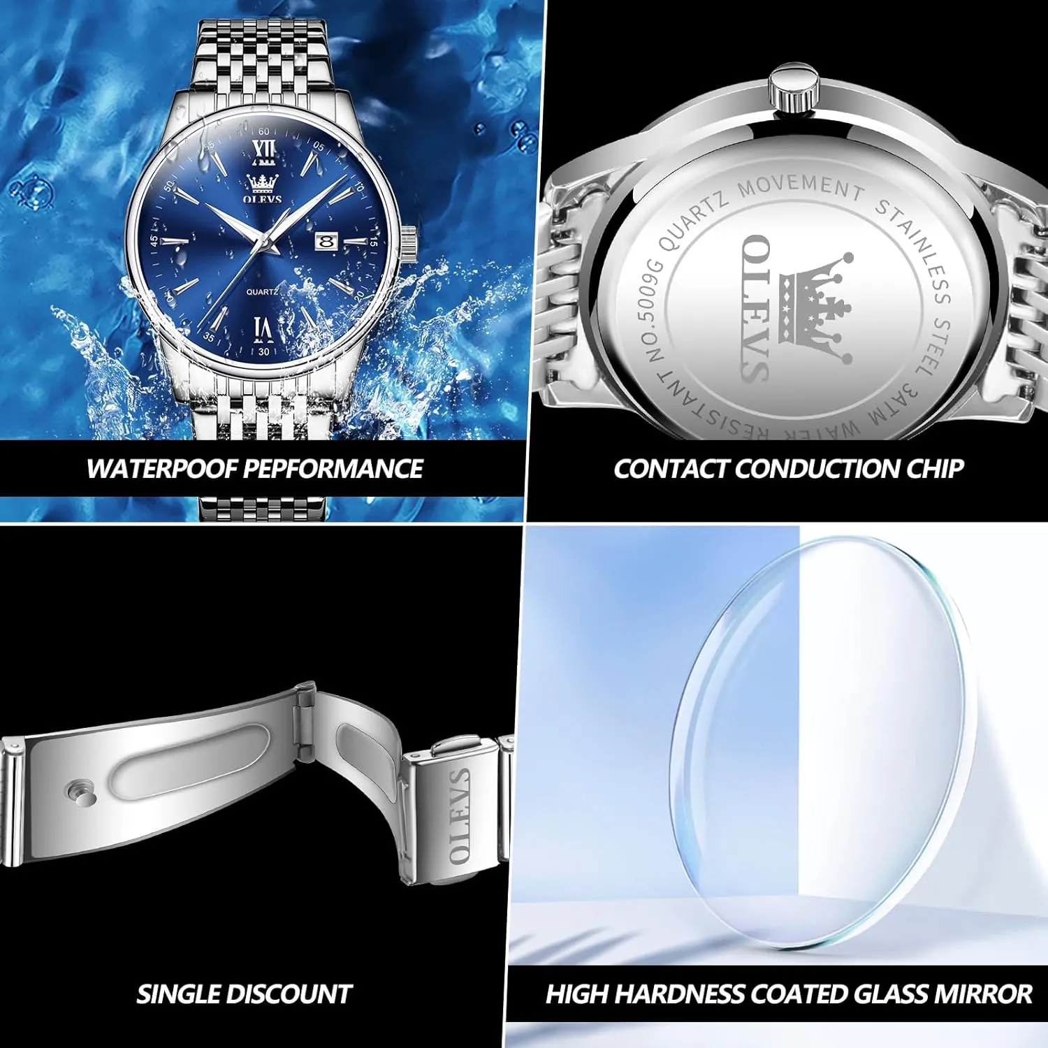 OLEVS Mens Watch Stainless Steel Analog Quartz Watches for Men Day Date Easy Read Diamond Waterproof Dress Luxury Classic Casual Big Face Blue/Black/Gold/Silver Roman Arabic Numerals Men's Wrist Watch