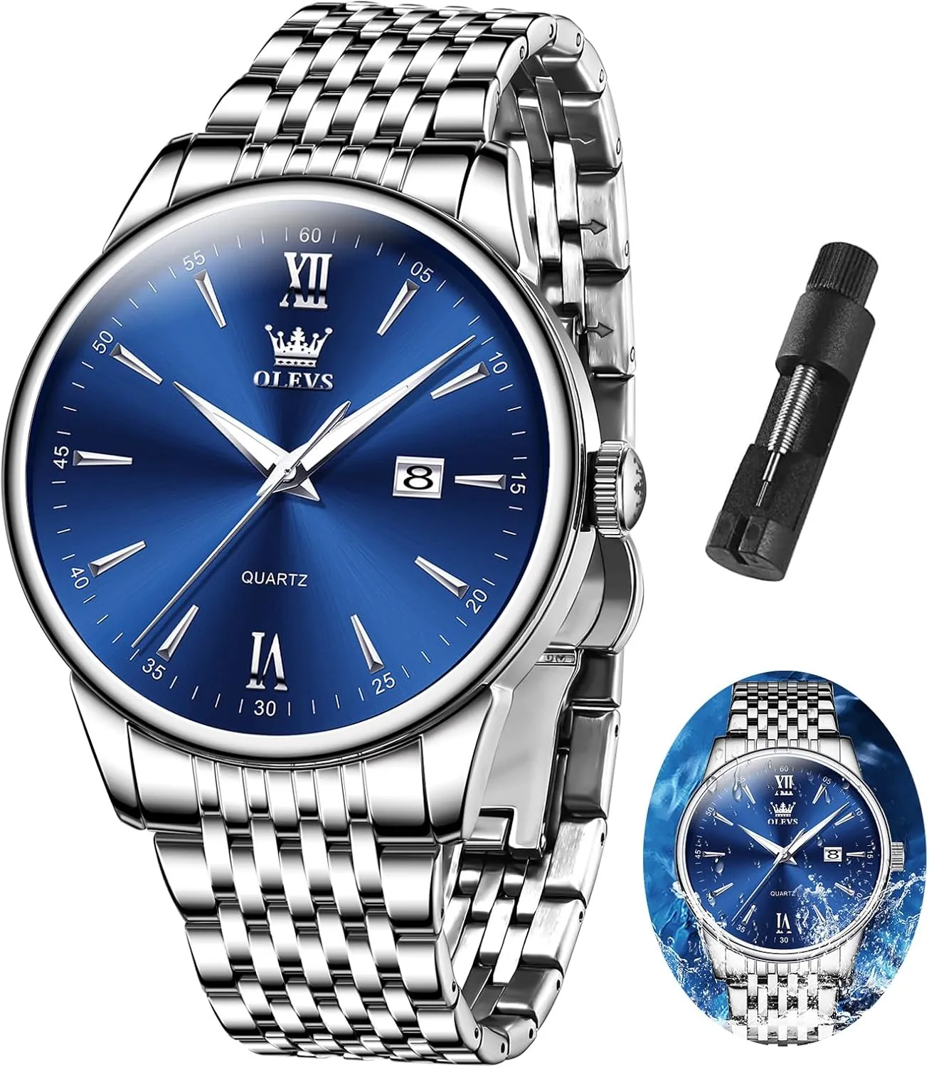 OLEVS Mens Watch Stainless Steel Analog Quartz Watches for Men Day Date Easy Read Diamond Waterproof Dress Luxury Classic Casual Big Face Blue/Black/Gold/Silver Roman Arabic Numerals Men's Wrist Watch