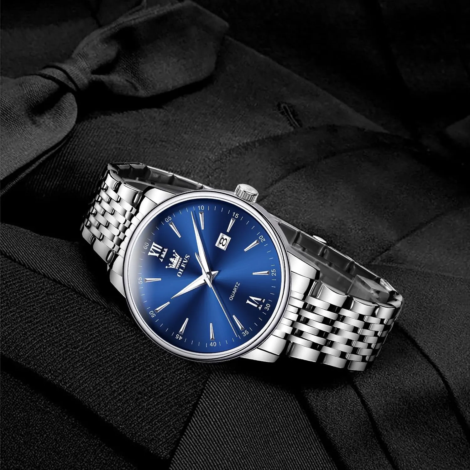 OLEVS Mens Watch Stainless Steel Analog Quartz Watches for Men Day Date Easy Read Diamond Waterproof Dress Luxury Classic Casual Big Face Blue/Black/Gold/Silver Roman Arabic Numerals Men's Wrist Watch