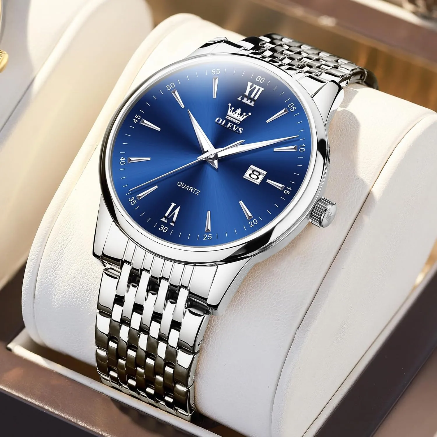 OLEVS Mens Watch Stainless Steel Analog Quartz Watches for Men Day Date Easy Read Diamond Waterproof Dress Luxury Classic Casual Big Face Blue/Black/Gold/Silver Roman Arabic Numerals Men's Wrist Watch