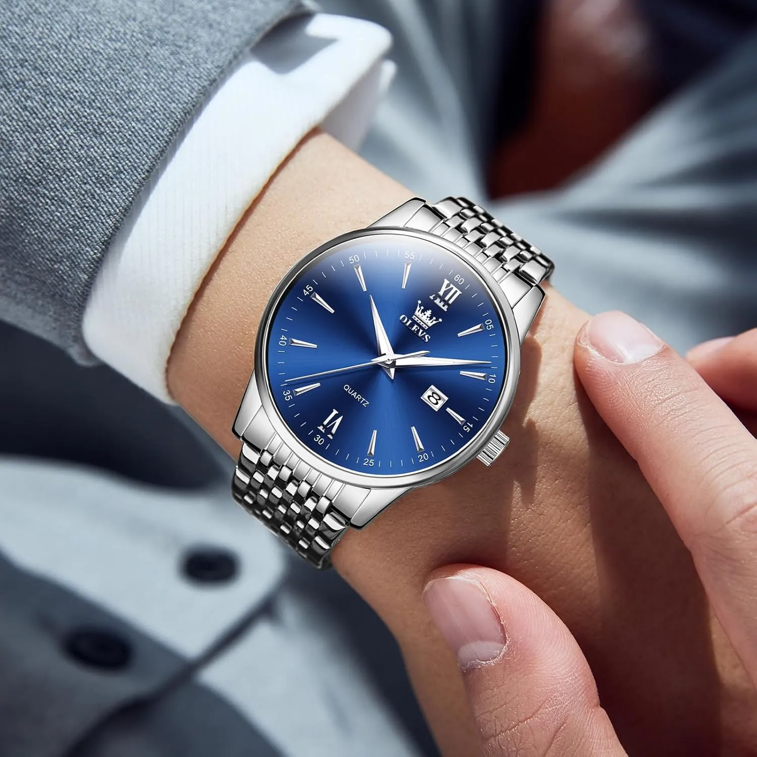 OLEVS Mens Watch Stainless Steel Analog Quartz Watches for Men Day Date Easy Read Diamond Waterproof Dress Luxury Classic Casual Big Face Blue/Black/Gold/Silver Roman Arabic Numerals Men's Wrist Watch