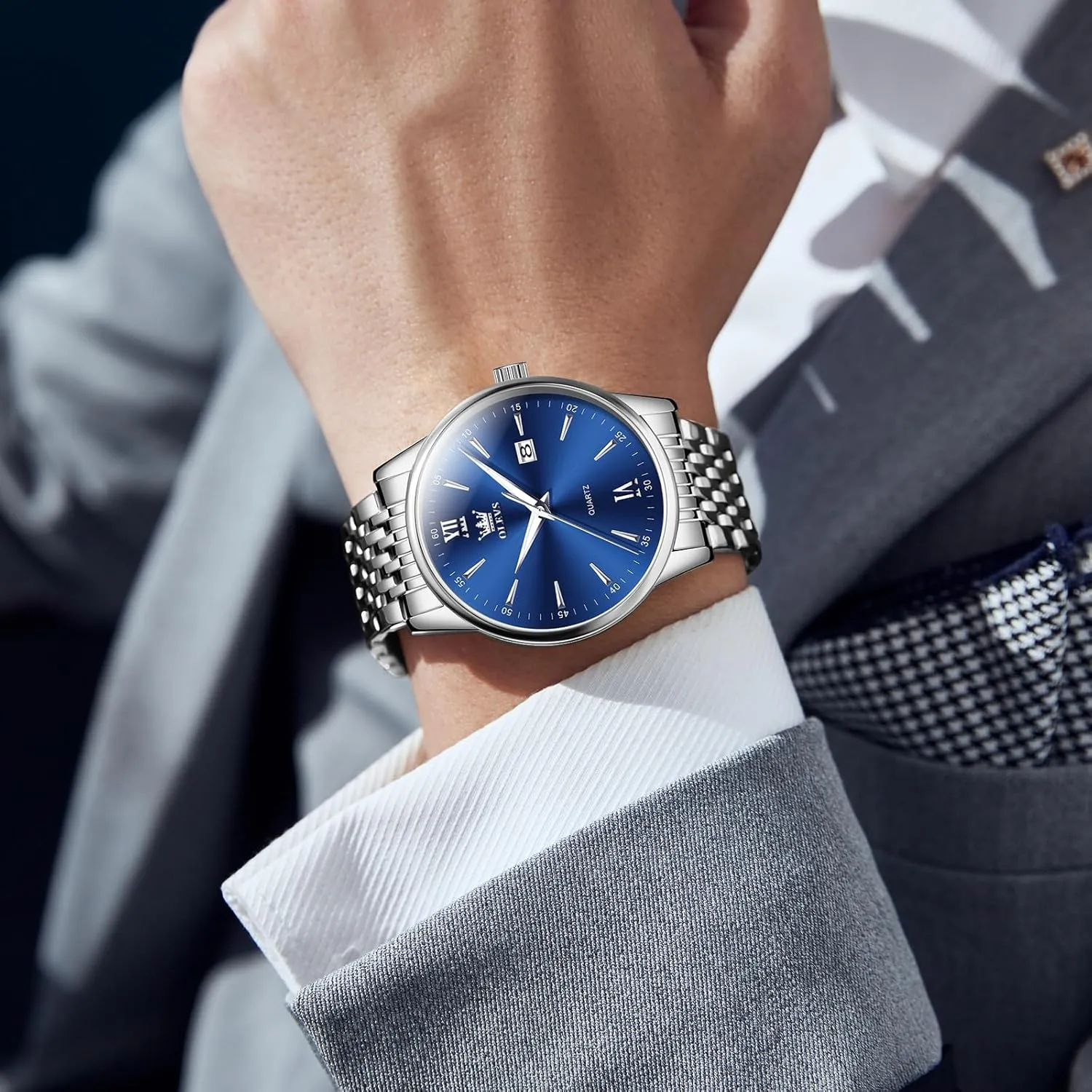 OLEVS Mens Watch Stainless Steel Analog Quartz Watches for Men Day Date Easy Read Diamond Waterproof Dress Luxury Classic Casual Big Face Blue/Black/Gold/Silver Roman Arabic Numerals Men's Wrist Watch