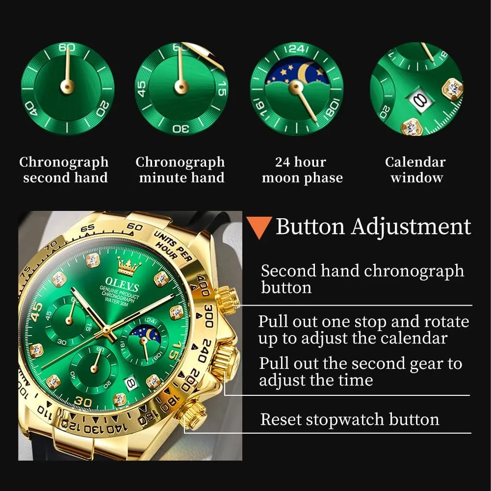 OLEVS Mens Watches Sport Silicone Band Chronograph Multifunction Luxury Diamond Moon Phase Analog Quartz Male Wrist Watches for Men Waterproof Luminous