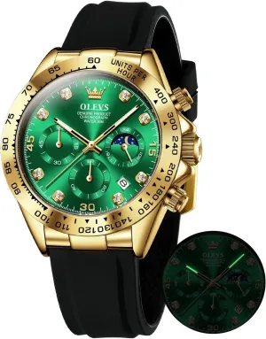 OLEVS Mens Watches Sport Silicone Band Chronograph Multifunction Luxury Diamond Moon Phase Analog Quartz Male Wrist Watches for Men Waterproof Luminous