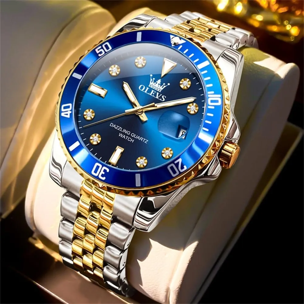 OLEVS Watches for Mens Stainless Steel Dress Mens Watches with Date Luxury Diamond Big Face Waterproof Blue/Black/Green/Gold/Red Dial Relojes para Hombres