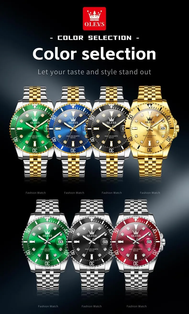 OLEVS Watches for Mens Stainless Steel Dress Mens Watches with Date Luxury Diamond Big Face Waterproof Blue/Black/Green/Gold/Red Dial Relojes para Hombres