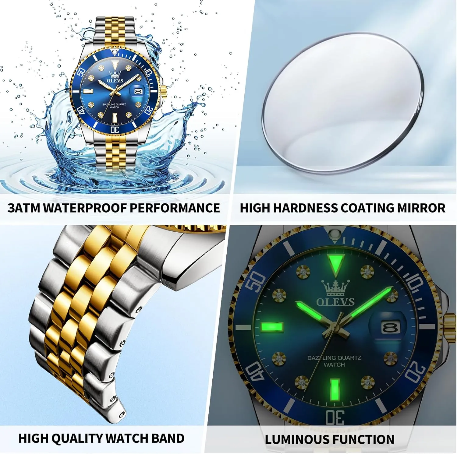 OLEVS Watches for Mens Stainless Steel Dress Mens Watches with Date Luxury Diamond Big Face Waterproof Blue/Black/Green/Gold/Red Dial Relojes para Hombres