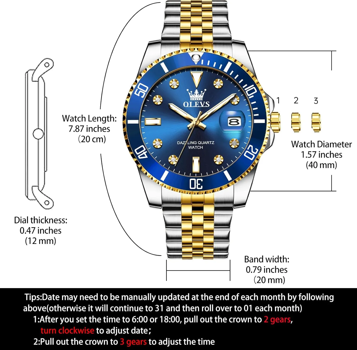 OLEVS Watches for Mens Stainless Steel Dress Mens Watches with Date Luxury Diamond Big Face Waterproof Blue/Black/Green/Gold/Red Dial Relojes para Hombres