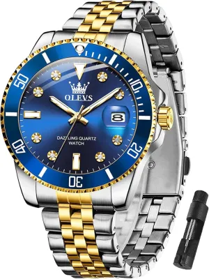 OLEVS Watches for Mens Stainless Steel Dress Mens Watches with Date Luxury Diamond Big Face Waterproof Blue/Black/Green/Gold/Red Dial Relojes para Hombres