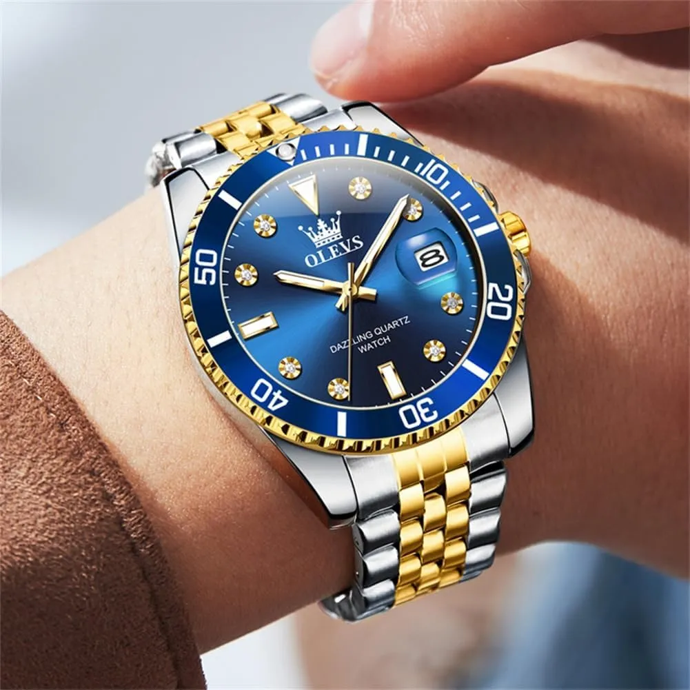 OLEVS Watches for Mens Stainless Steel Dress Mens Watches with Date Luxury Diamond Big Face Waterproof Blue/Black/Green/Gold/Red Dial Relojes para Hombres