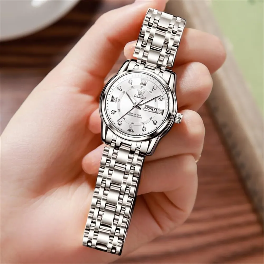 OLEVS Women Watches Gold Silver Stainless Steel Waterproof Analog Large Easy Reader Day Date Ladies Wrist Watches