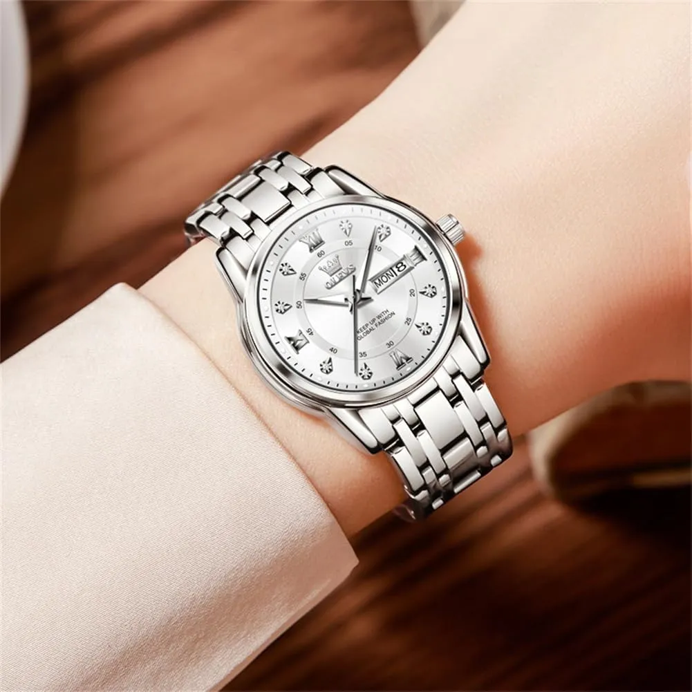 OLEVS Women Watches Gold Silver Stainless Steel Waterproof Analog Large Easy Reader Day Date Ladies Wrist Watches
