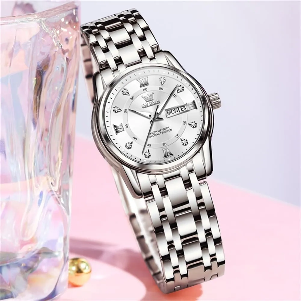 OLEVS Women Watches Gold Silver Stainless Steel Waterproof Analog Large Easy Reader Day Date Ladies Wrist Watches