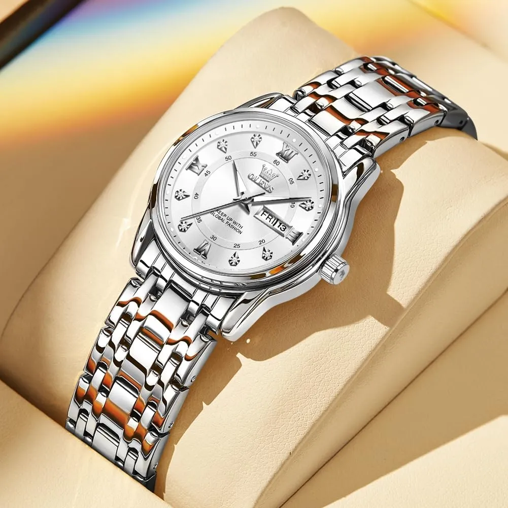 OLEVS Women Watches Gold Silver Stainless Steel Waterproof Analog Large Easy Reader Day Date Ladies Wrist Watches