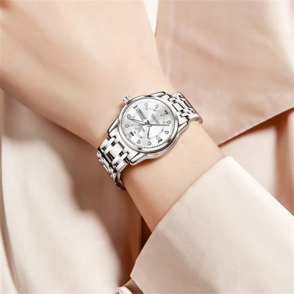 OLEVS Women Watches Gold Silver Stainless Steel Waterproof Analog Large Easy Reader Day Date Ladies Wrist Watches