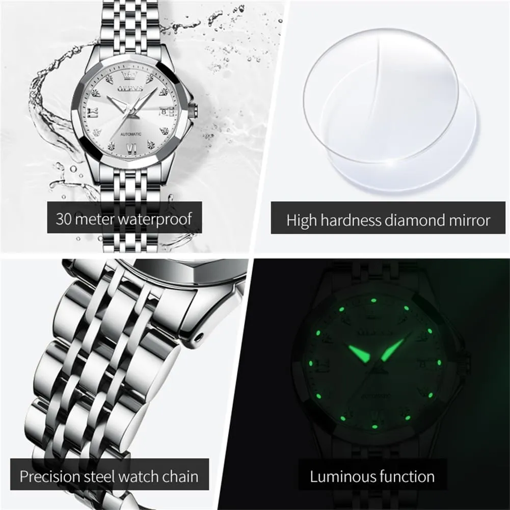 OLEVS Womens Automatic Watches Diamond Stainless Steel Self Winding Ladies Dress Wrist Watches Luminous Waterproof