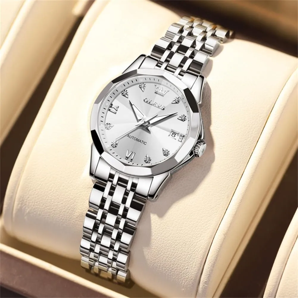 OLEVS Womens Automatic Watches Diamond Stainless Steel Self Winding Ladies Dress Wrist Watches Luminous Waterproof