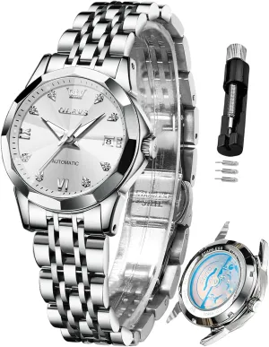 OLEVS Womens Automatic Watches Diamond Stainless Steel Self Winding Ladies Dress Wrist Watches Luminous Waterproof
